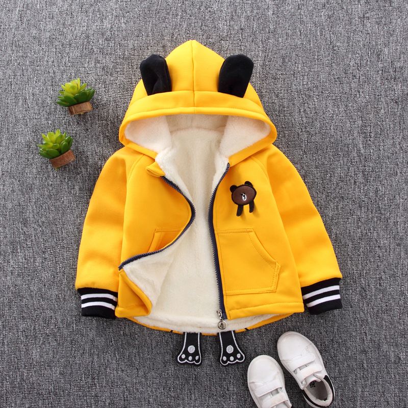 100% Cotton Bear Applique Hooded 3D Ear and Feet Decor Fleece-lining Long-sleeve Yellow or Grey or Orange Toddler Coat Jacket Yellow