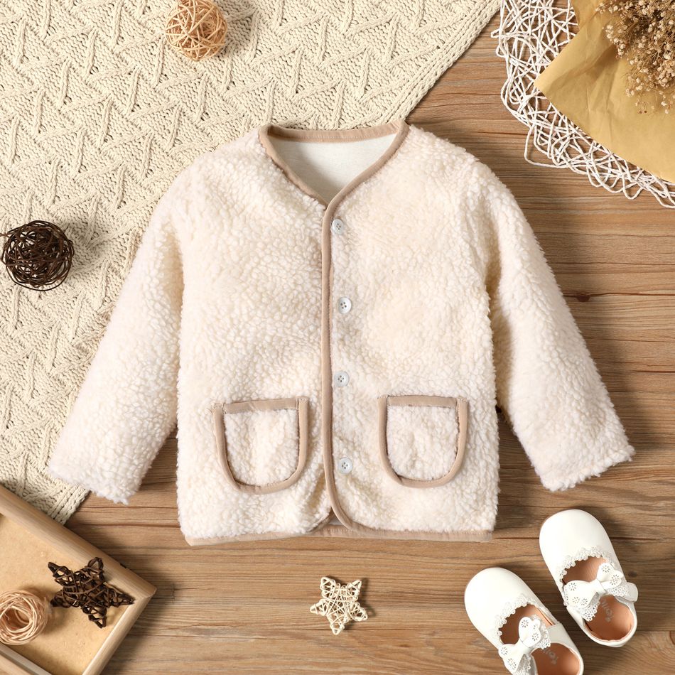 Toddler Girl 100% Cotton Button Design Fuzzy Fleece Jacket Coat Beige