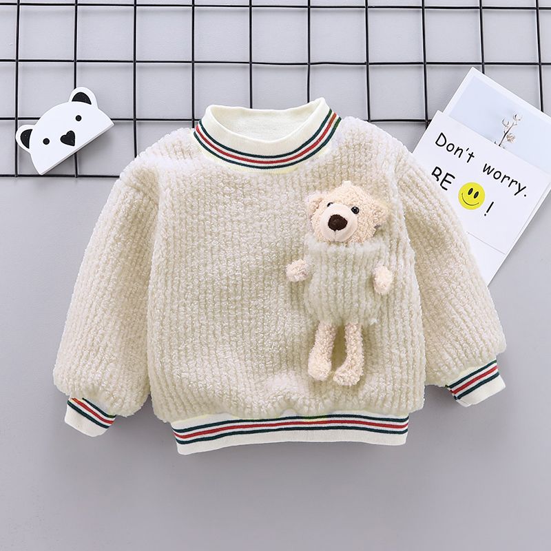 Ribbed Splice Fluffy Bear Decor Fleece-lining Long-sleeve Beige or Yellow or Blue Toddler Pullover Top Beige