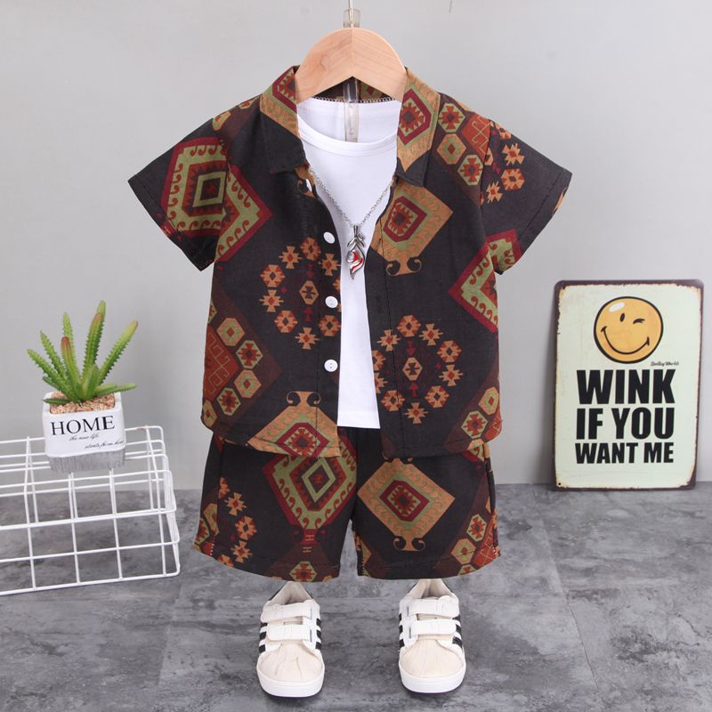 2pcs Toddler Boy 100% Cotton Boho Exotic Lapel Collar Shirt and Shorts Set Brown