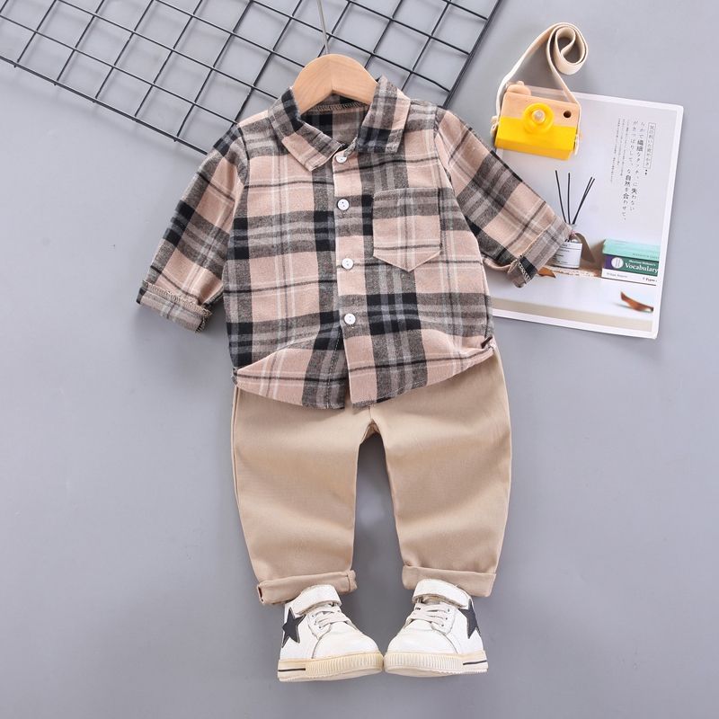 2-piece Toddler Boy 100% Cotton Lapel Collar Button Design Plaid Shirt and Cargo Pants Set Grey