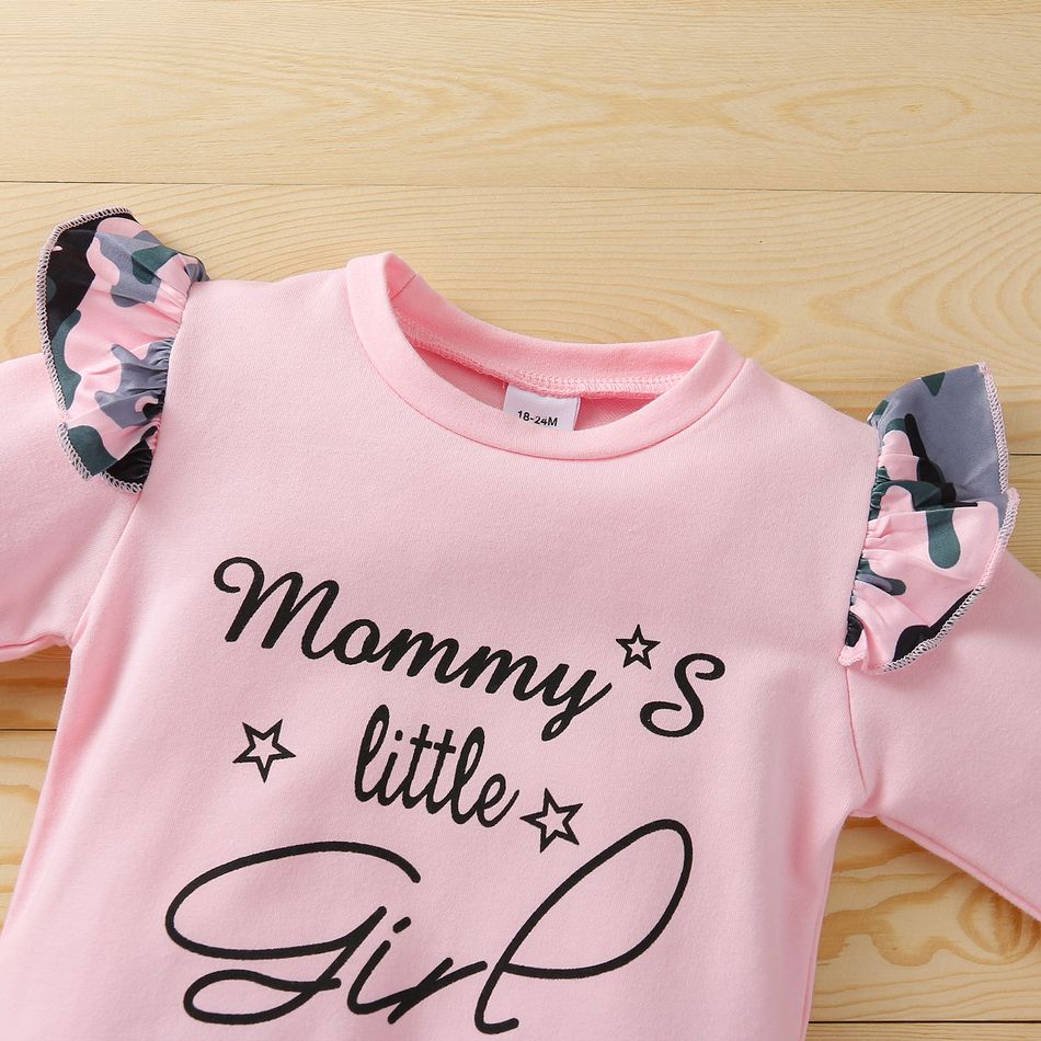 2-piece Toddler Girl Ruffle Letter Print Long-sleeve Tee and Camouflage Print Pants Set Pink big image 3
