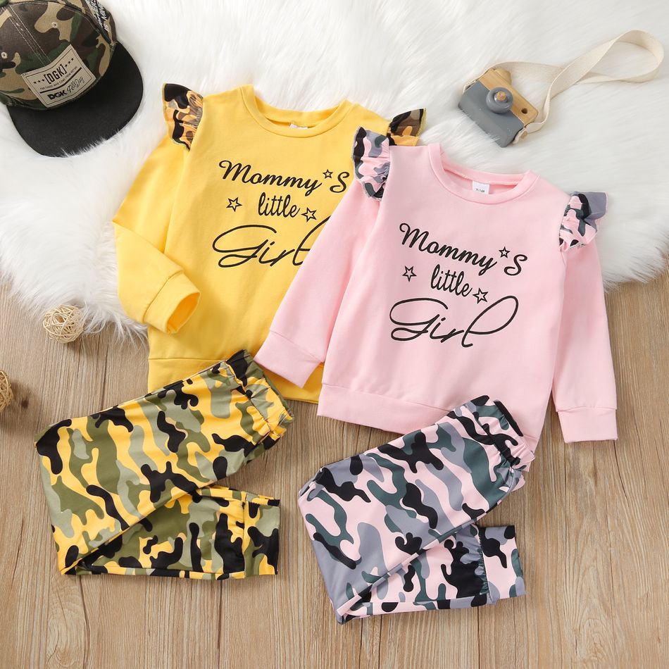 2-piece Toddler Girl Ruffle Letter Print Long-sleeve Tee and Camouflage Print Pants Set Pink big image 7