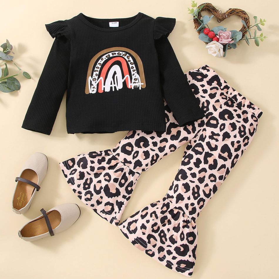 2-piece Toddler Girl Ruffled Letter Rainbow Print Long-sleeve Black Tee and Leopard Print Flared Pants Set Black