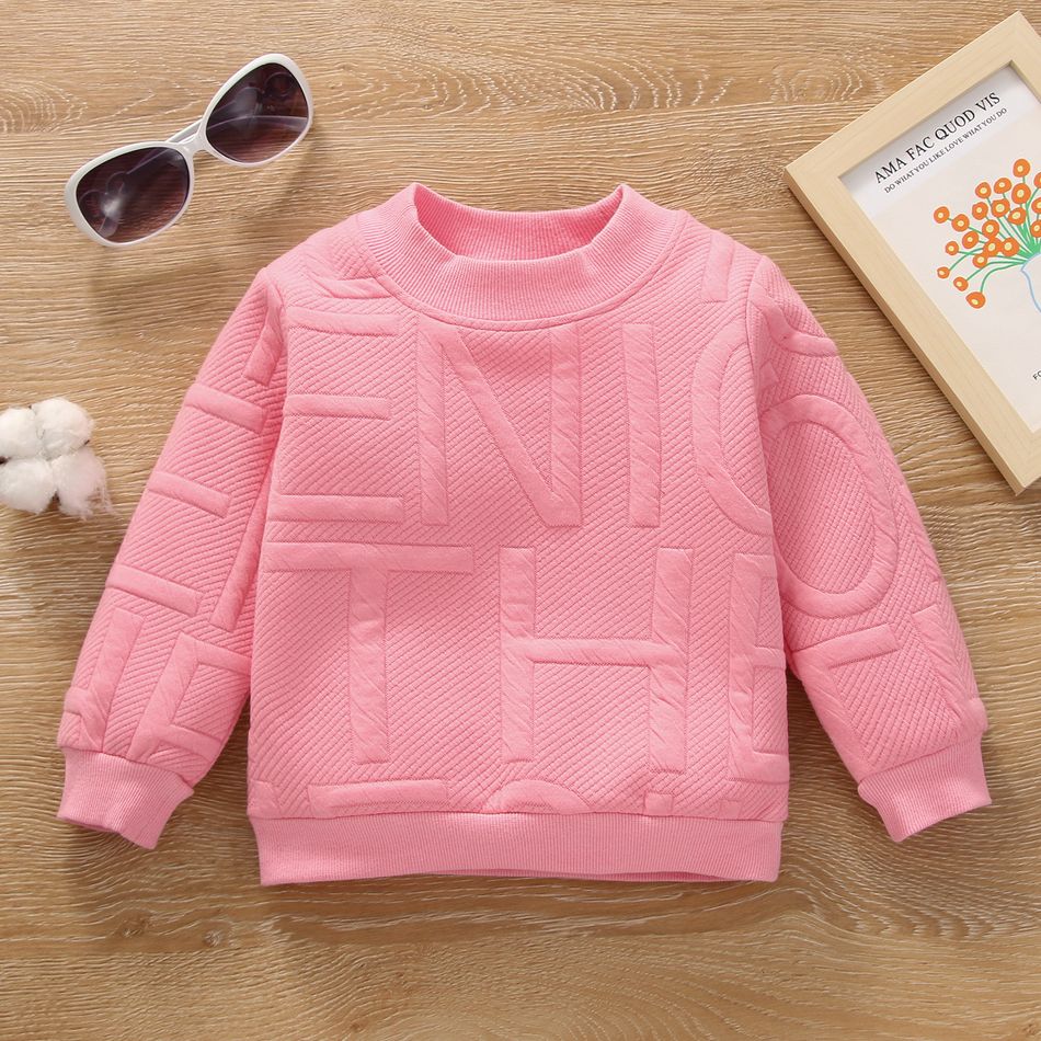 Toddler Girl Letter Textured Solid Color Pullover Sweatshirt Pink