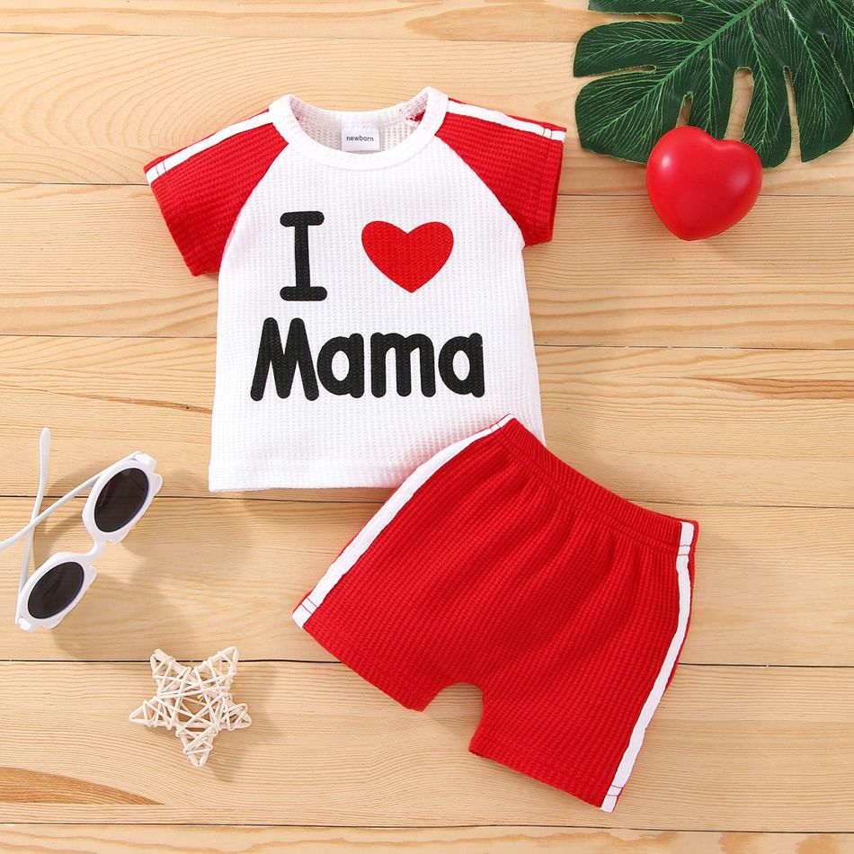 2pcs Baby Boy/Girl 95% Cotton Short-sleeve Love Heart and Letter Print Colorblock Tee with Shorts Set Red big image 1