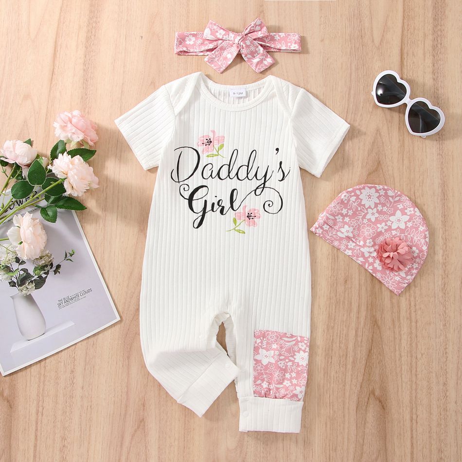 3pcs Baby Girl Cotton Ribbed Short-sleeve Letter Print Jumpsuit with Floral Hat and Headband Set Pink