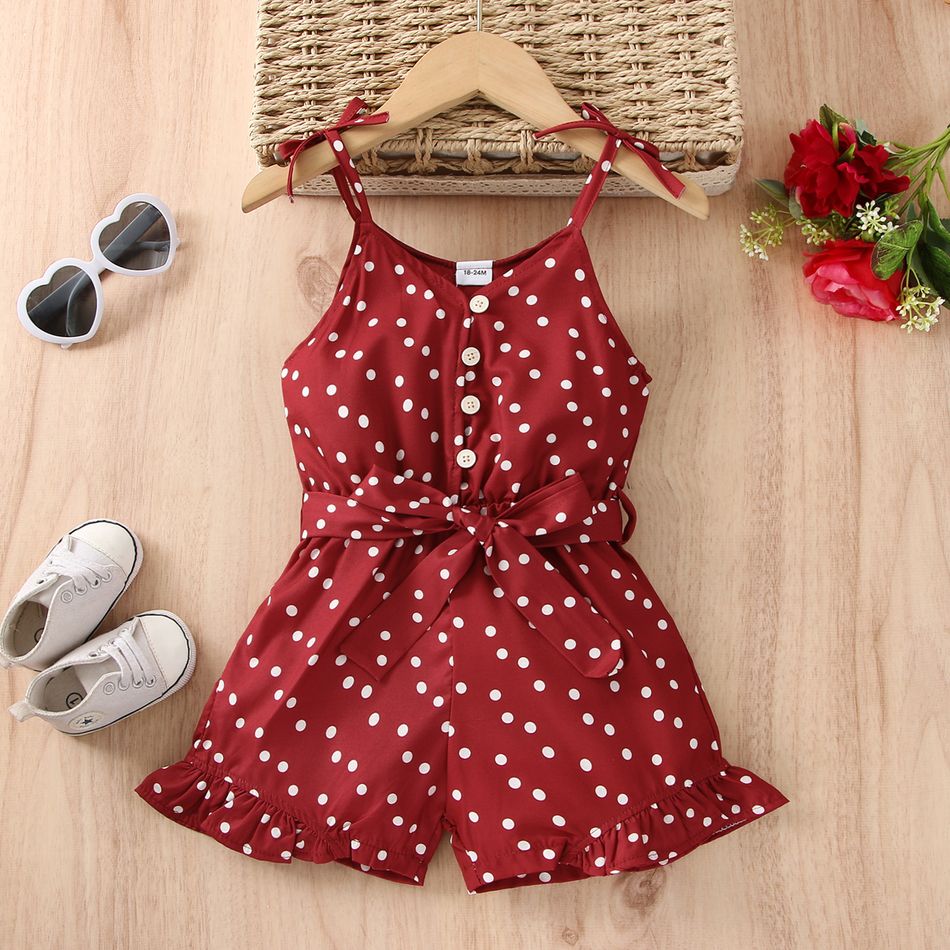 Toddler Girl Polka dots Bowknot Button Design Ruffled Belted Cami Rompers Red