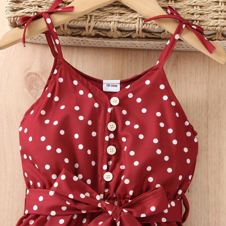 Toddler Girl Polka dots Bowknot Button Design Ruffled Belted Cami Rompers Red big image 4
