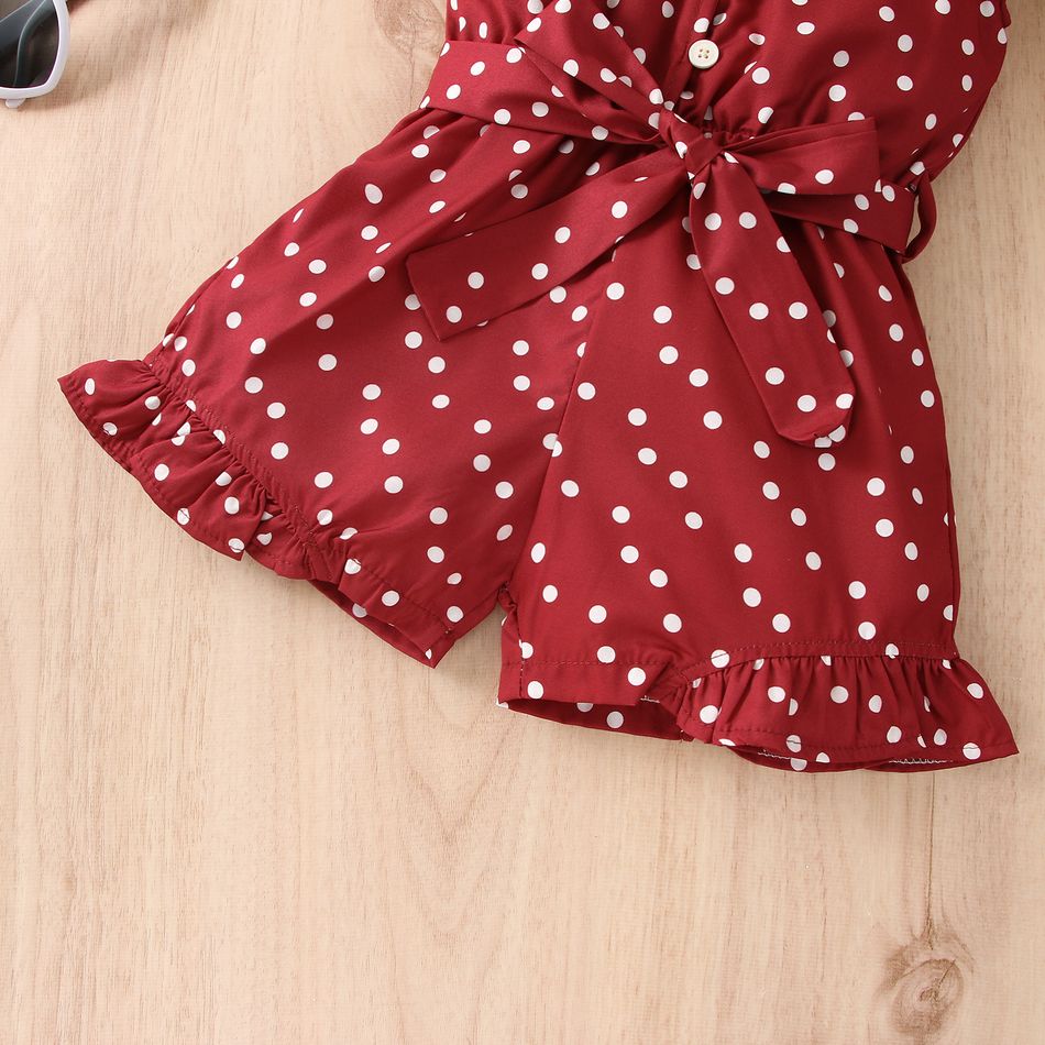 Toddler Girl Polka dots Bowknot Button Design Ruffled Belted Cami Rompers Red big image 6
