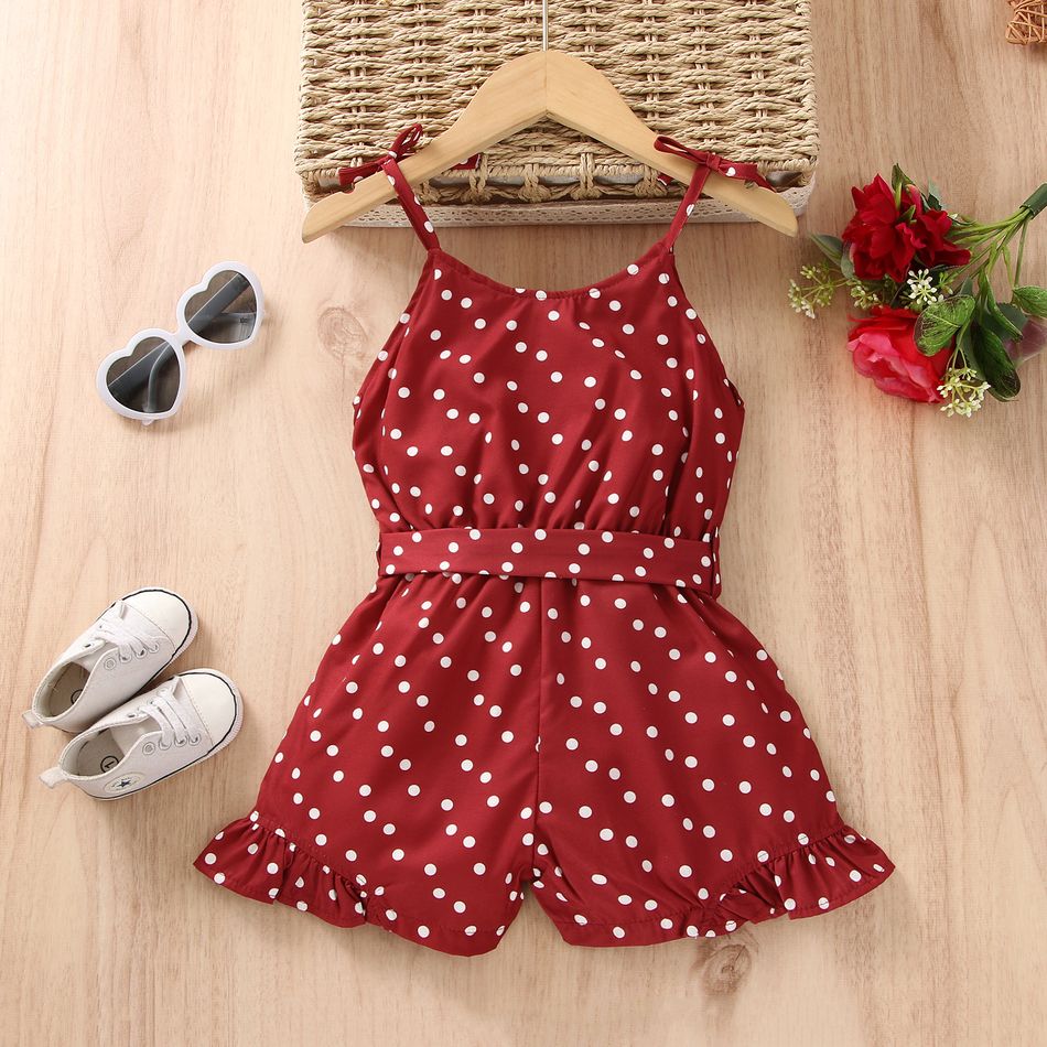 Toddler Girl Polka dots Bowknot Button Design Ruffled Belted Cami Rompers Red big image 2