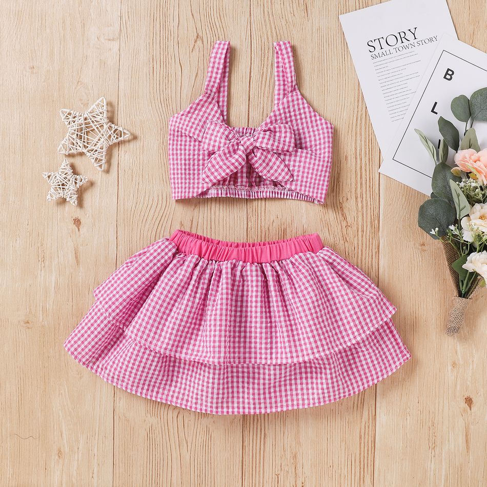 2pcs Plaid Print Bow Decor Sleeveless Baby Set Hot Pink