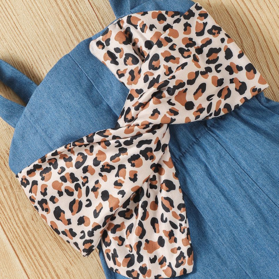 Denim Leopard Print Bow Decor Sleeveless Baby Overalls Blue big image 2
