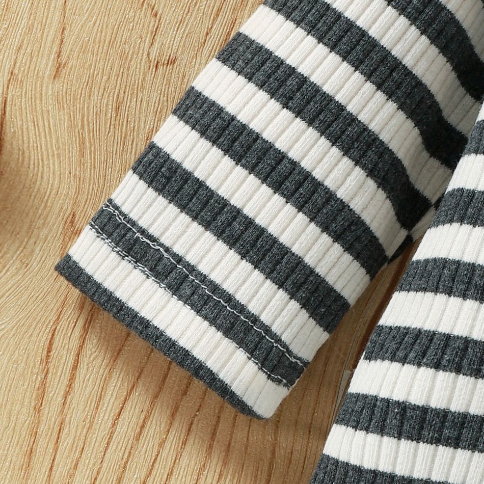 Baby 3pcs Ribbed Stripe Print Long-sleeve Romper and Waffle Overalls Set Dark Grey big image 5