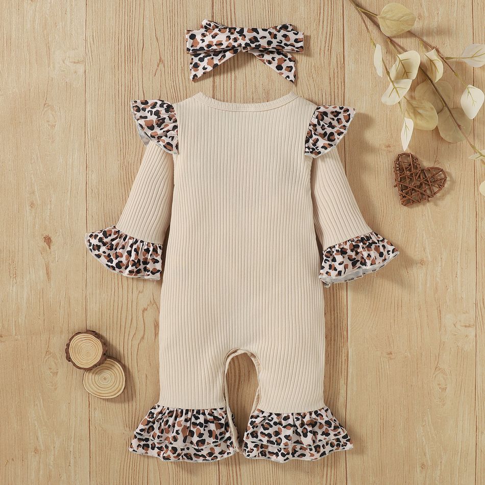 Christmas 2pcs Leopard Splicing Ruffle Ribbed Long-sleeve Baby Jumpsuit Set Khaki big image 2