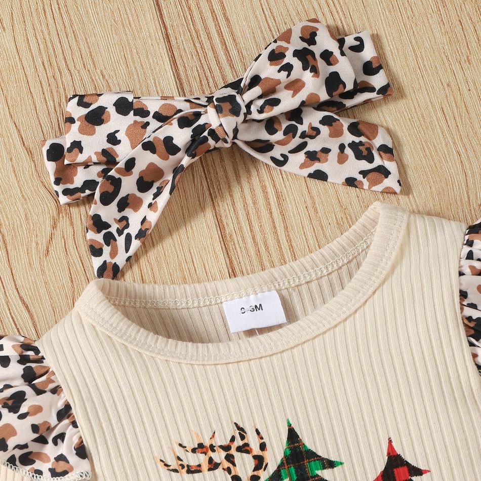 Christmas 2pcs Leopard Splicing Ruffle Ribbed Long-sleeve Baby Jumpsuit Set Khaki big image 3