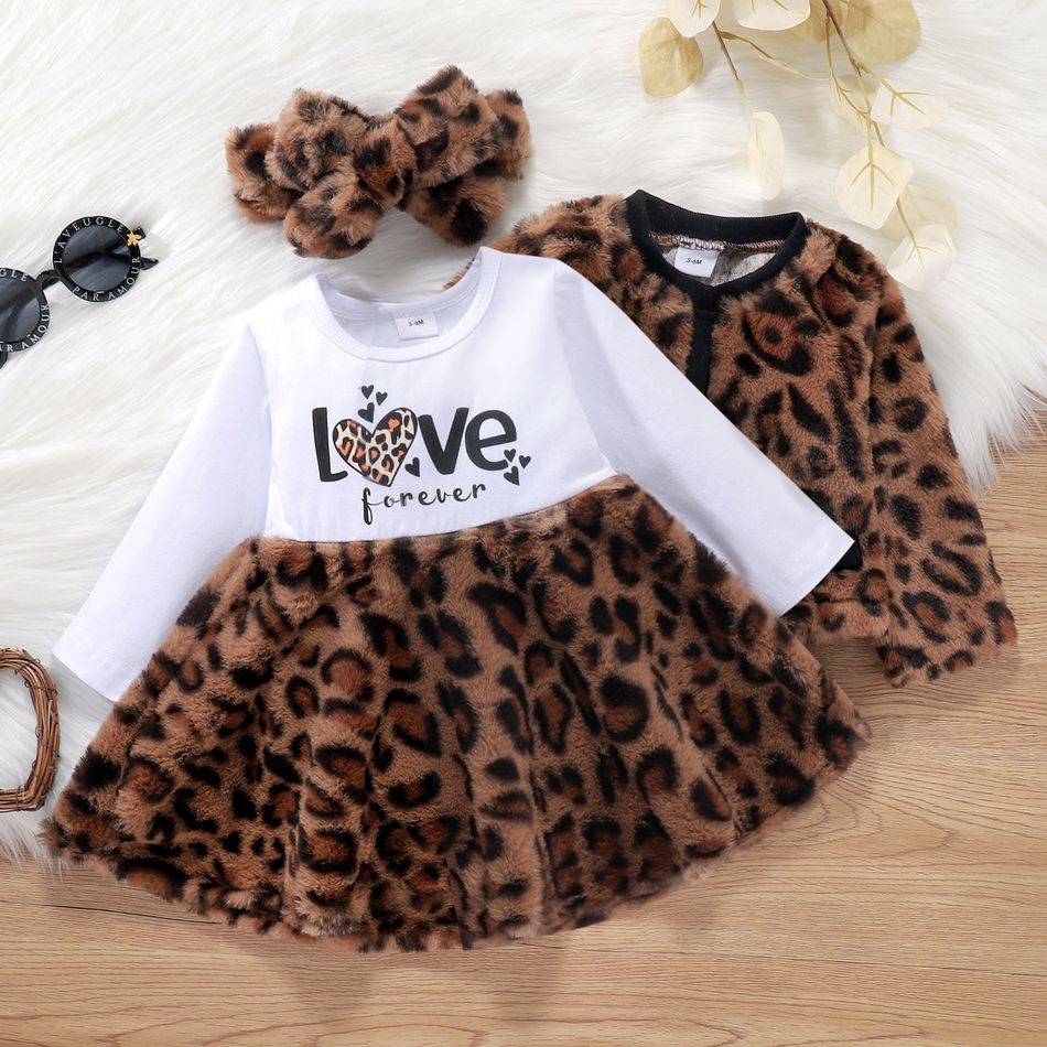 3pcs Baby Girl 95% Cotton Long-sleeve Letter Print Splice Leopard Fleece Dress and Cardigan with Headband Set Khaki big image 2