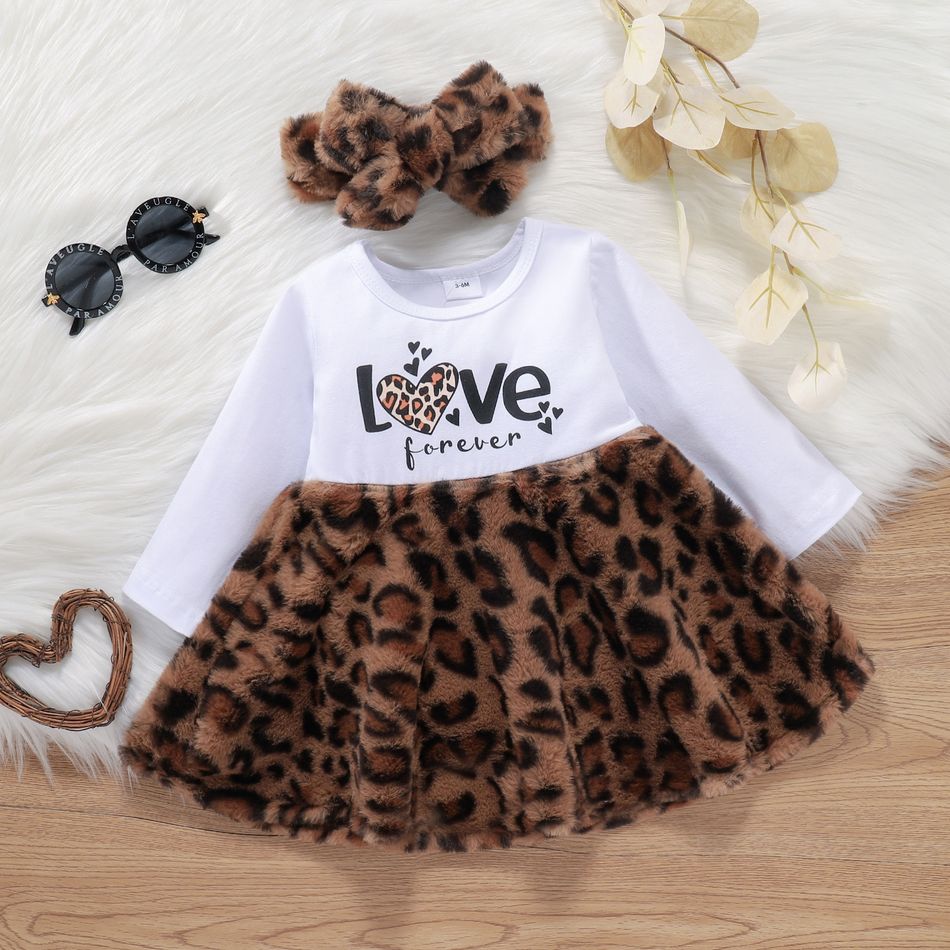 3pcs Baby Girl 95% Cotton Long-sleeve Letter Print Splice Leopard Fleece Dress and Cardigan with Headband Set Khaki big image 3