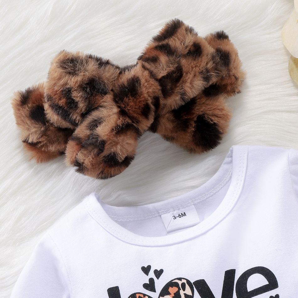 3pcs Baby Girl 95% Cotton Long-sleeve Letter Print Splice Leopard Fleece Dress and Cardigan with Headband Set Khaki big image 4