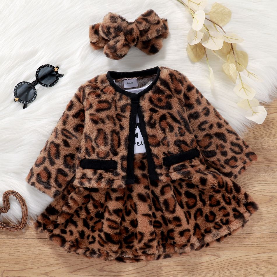 3pcs Baby Girl 95% Cotton Long-sleeve Letter Print Splice Leopard Fleece Dress and Cardigan with Headband Set Khaki big image 6