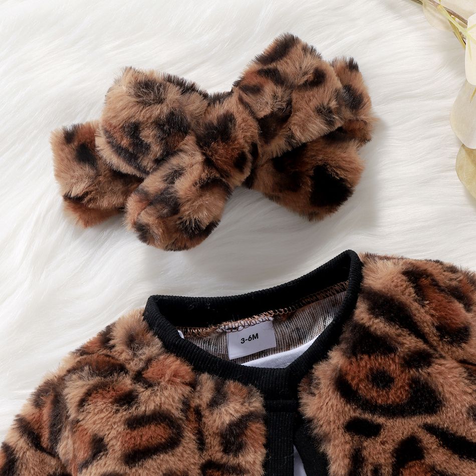 3pcs Baby Girl 95% Cotton Long-sleeve Letter Print Splice Leopard Fleece Dress and Cardigan with Headband Set Khaki big image 7