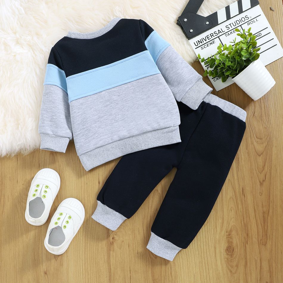 2pcs Baby Colorblock Long-sleeve Sweatshirt and Sweatpants Set Deep Blue big image 3