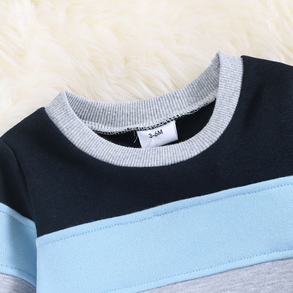 2pcs Baby Colorblock Long-sleeve Sweatshirt and Sweatpants Set Deep Blue big image 4