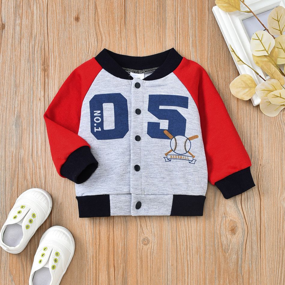 2pcs Baby Number Print Color Block Long-sleeve Baseball Jacket and Mini Skirt Set Grey big image 2