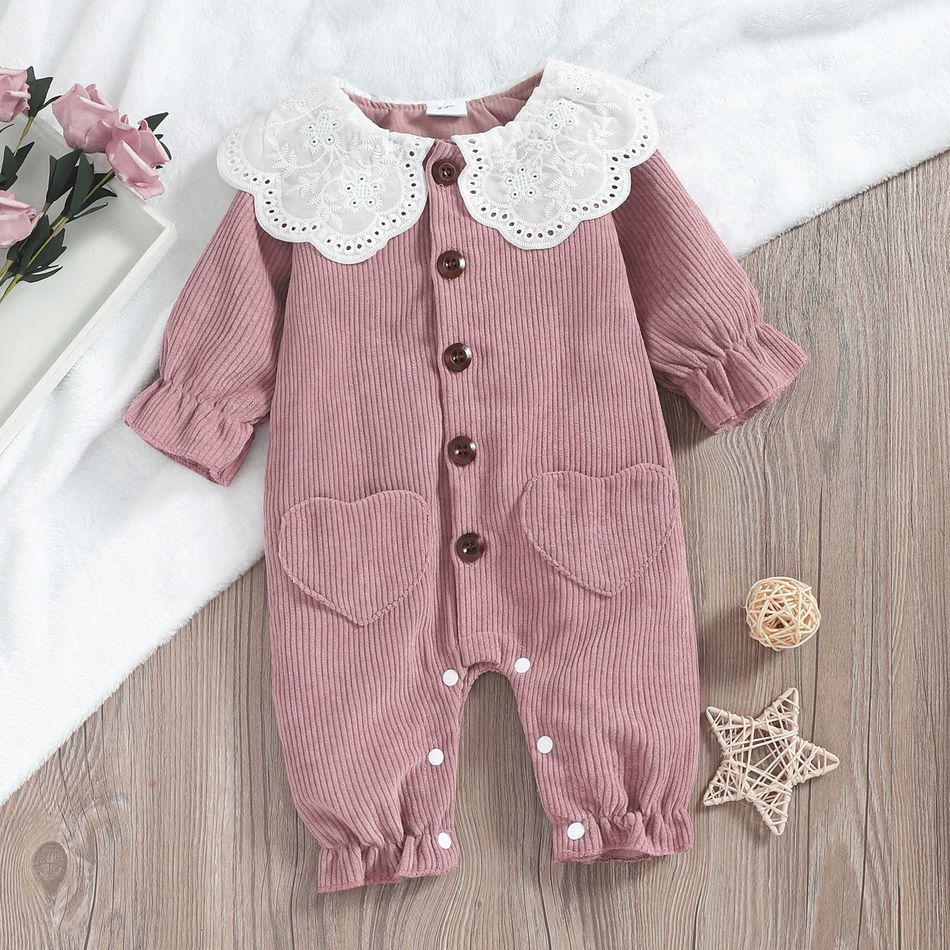 Doll Collar Pink Corduroy Long-sleeve Baby Jumpsuit Pink big image 1