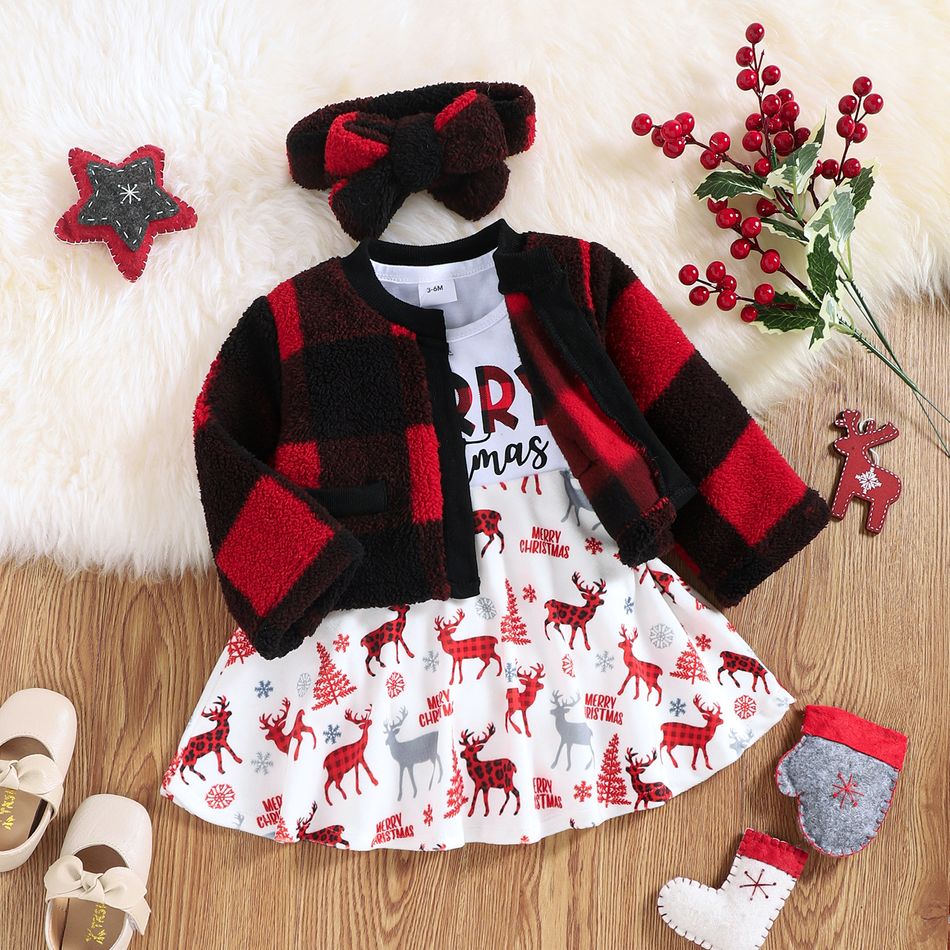 Christmas 3pcs Baby Letter and Reindeer Print Long-sleeve Dress and Fleece Plaid Outwear Set Red