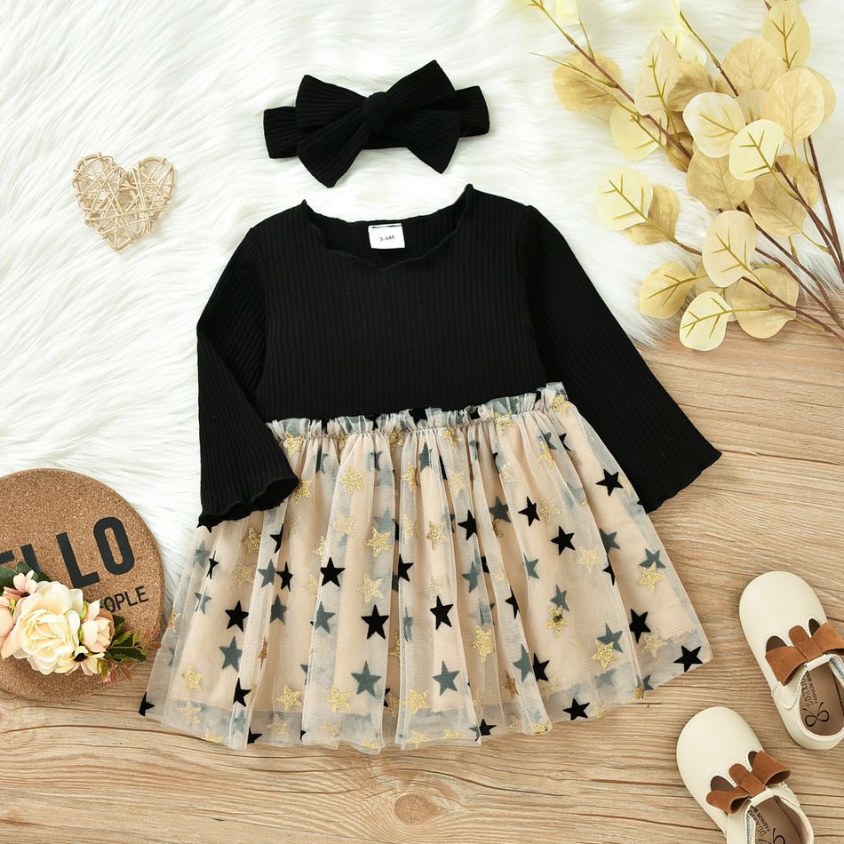 2pcs Baby Black Cotton Ribbed Long-sleeve Splicing Star Print Mesh Dress Set Black
