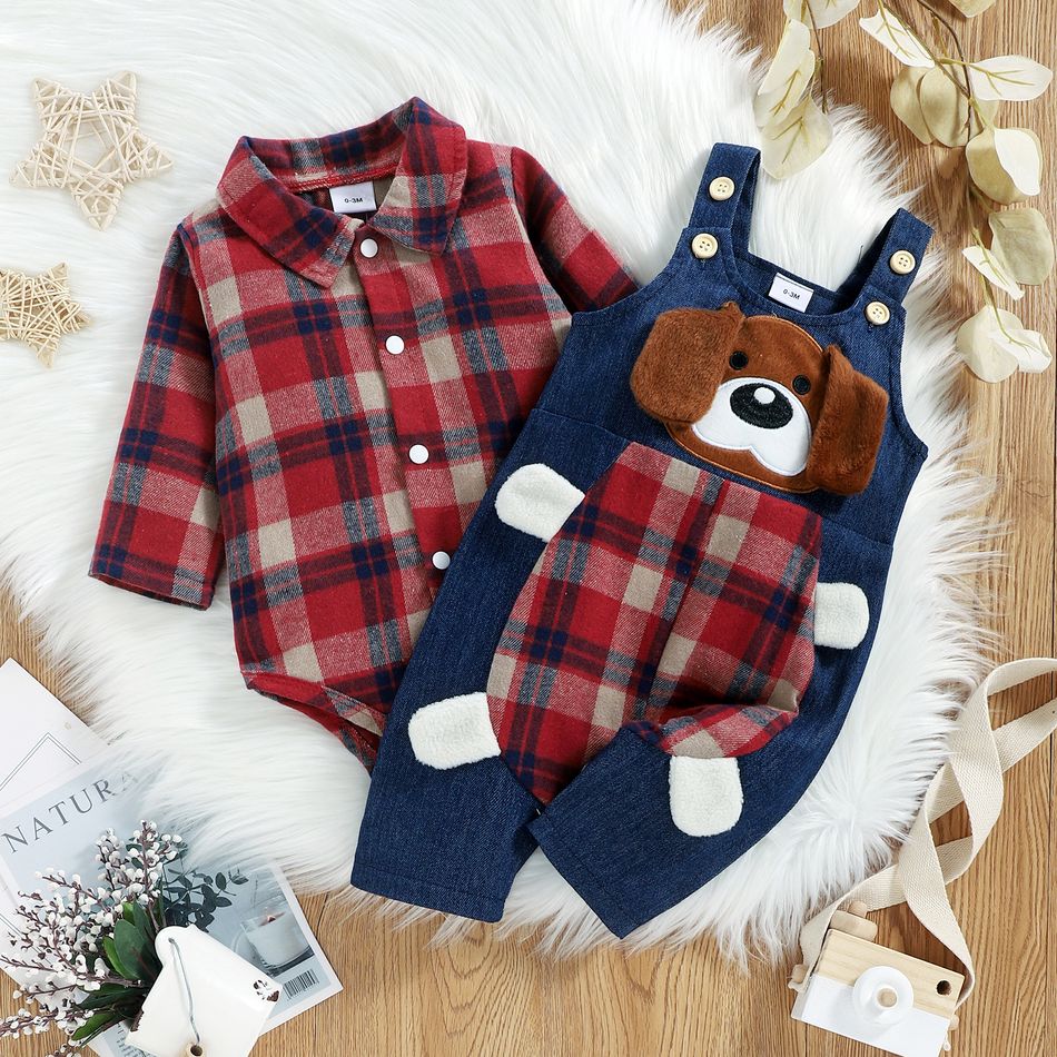 2pcs Baby Red Plaid Long-sleeve Shirt Romper and 100% Cotton Denim Overalls Set Red big image 2