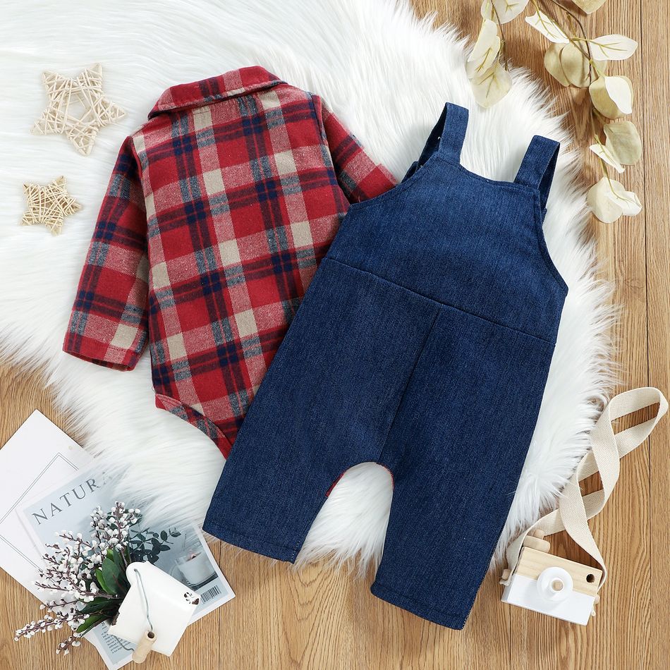 2pcs Baby Red Plaid Long-sleeve Shirt Romper and 100% Cotton Denim Overalls Set Red big image 3