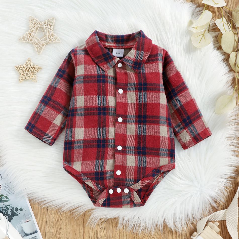 2pcs Baby Red Plaid Long-sleeve Shirt Romper and 100% Cotton Denim Overalls Set Red big image 4