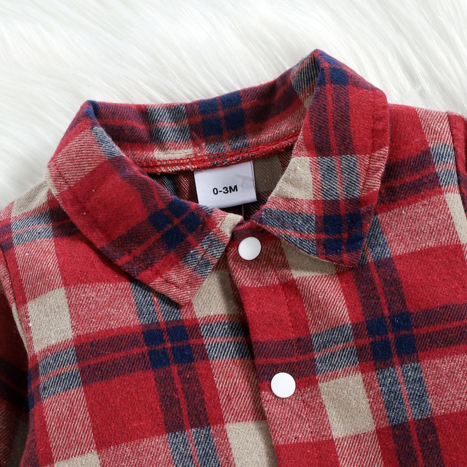 2pcs Baby Red Plaid Long-sleeve Shirt Romper and 100% Cotton Denim Overalls Set Red big image 5