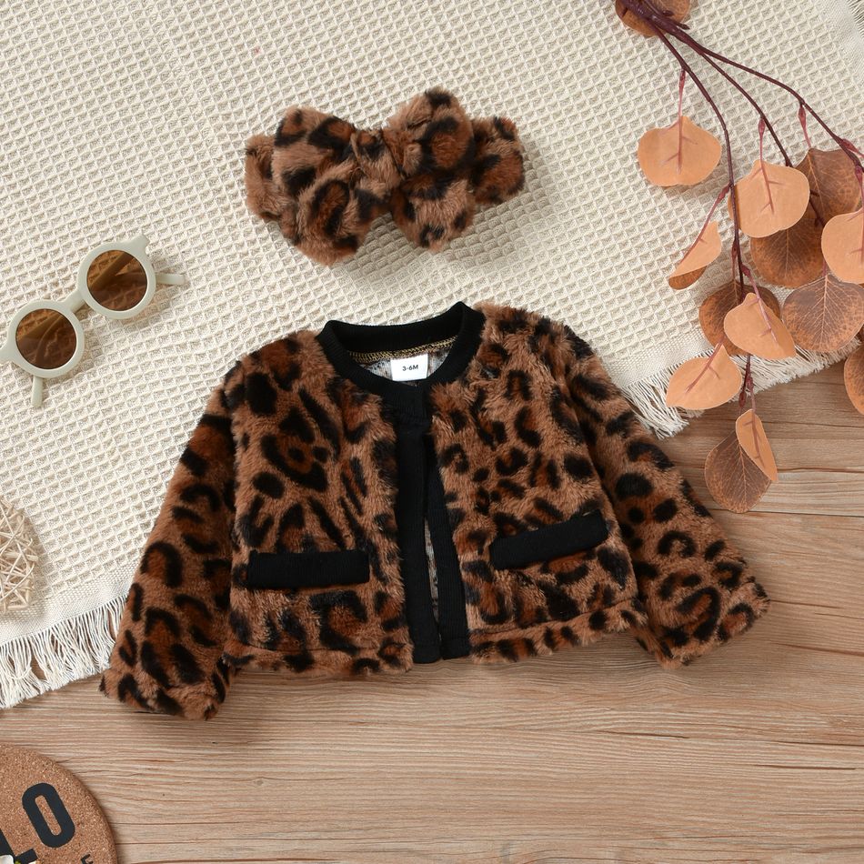 4pcs Baby Thickened Fleece Long-sleeve Leopard Outwear and Mesh Tutu Skirt with Romper Set Brown big image 5