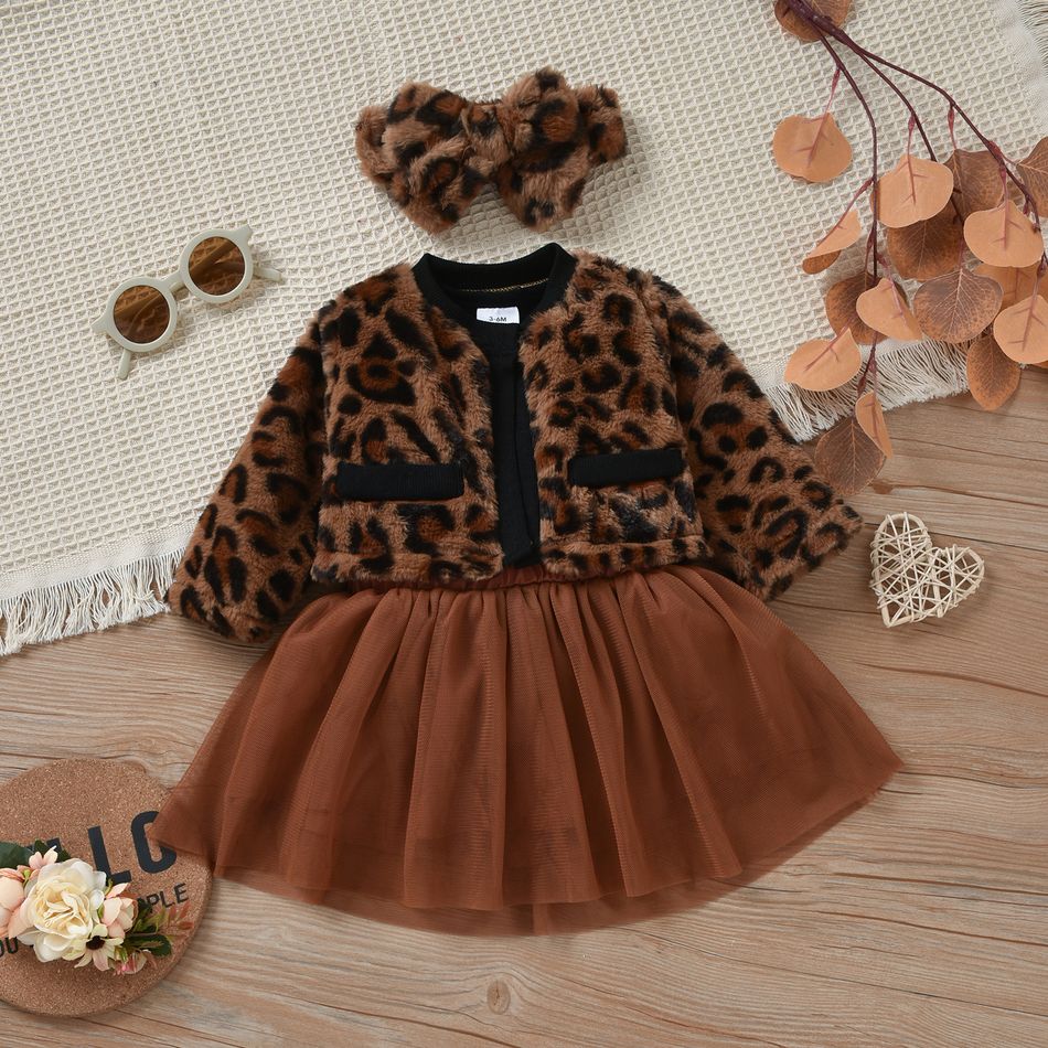 4pcs Baby Thickened Fleece Long-sleeve Leopard Outwear and Mesh Tutu Skirt with Romper Set Brown big image 2