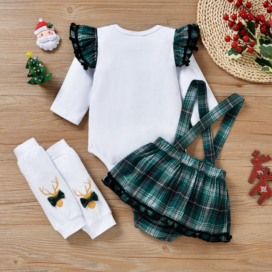 Baby 3pcs Christmas Letter Print Pom Poms Long-sleeve Romper and Plaid Suspender Skort Set Green big image 2