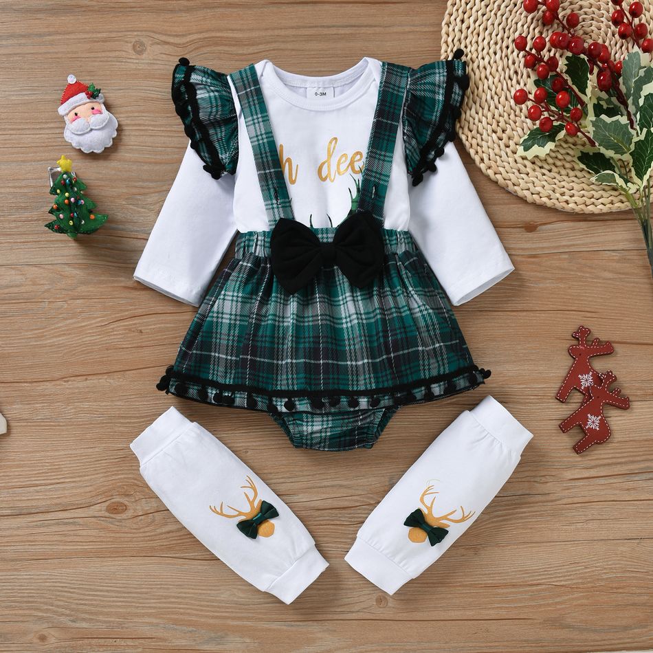 Baby 3pcs Christmas Letter Print Pom Poms Long-sleeve Romper and Plaid Suspender Skort Set Green big image 3