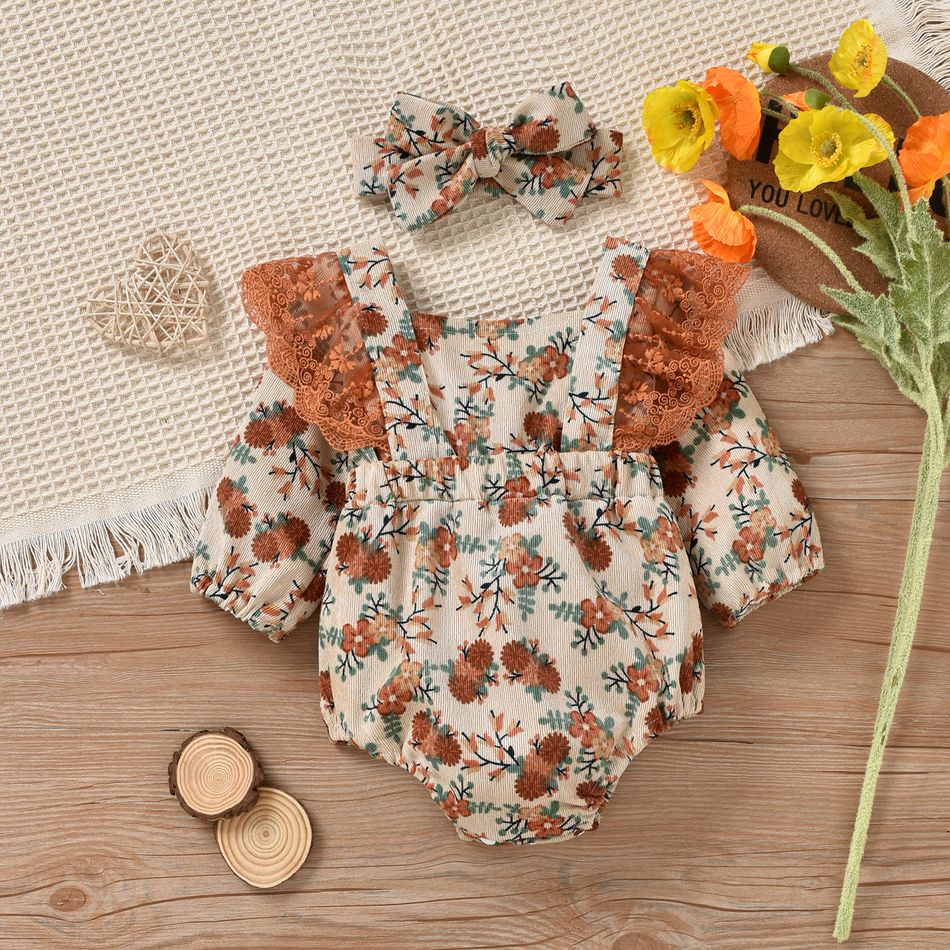 2pcs Baby Girl All Over Floral Print Lace Splicing Long-sleeve Bowknot Corduroy Romper Set Apricot big image 8