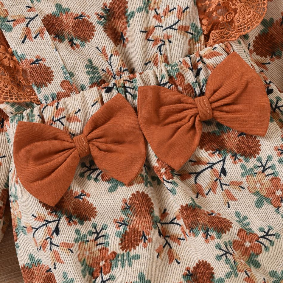 2 قطعة طفلة في جميع أنحاء الأزهار طباعة الدانتيل الربط طويلة الأكمام bowknot سروال قصير رومبير مجموعة مشمش big image 4
