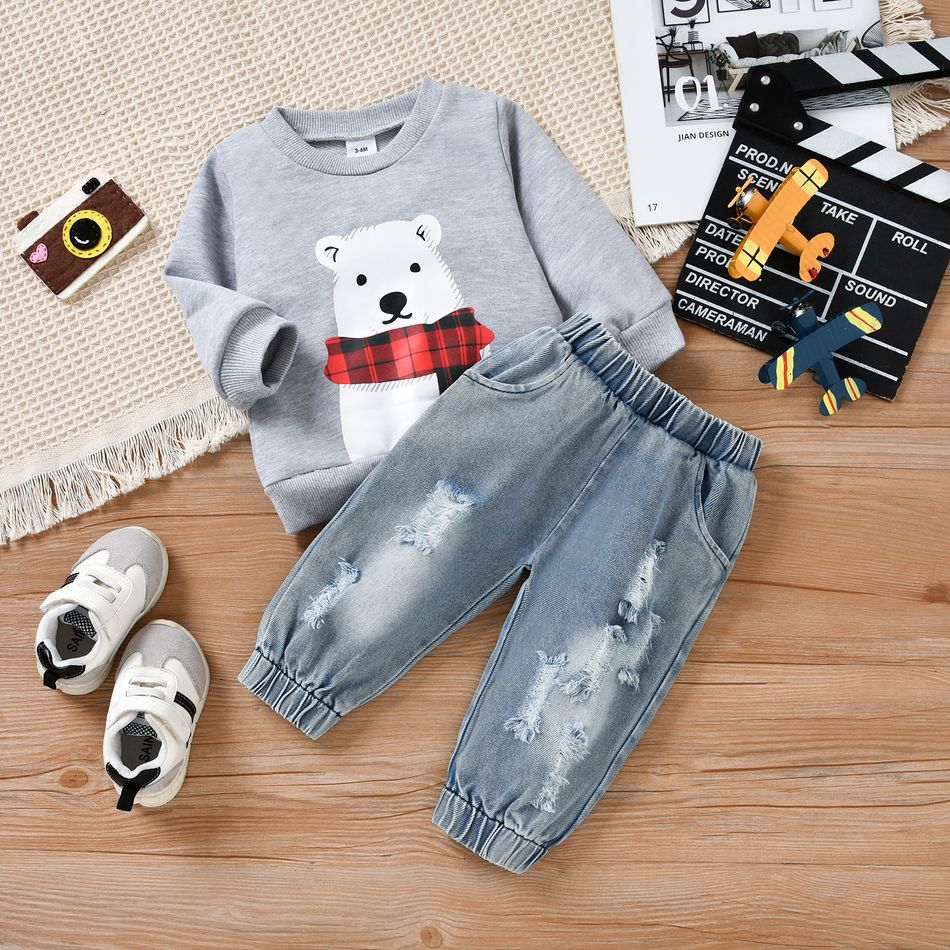 2pcs Baby Polar Bear Print Long-sleeve Sweatshirt and Ripped Denim Jeans Set Light Grey big image 2