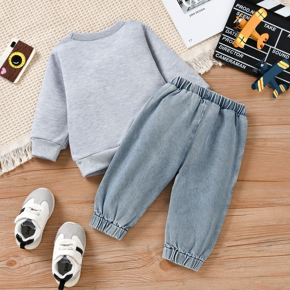 2pcs Baby Polar Bear Print Long-sleeve Sweatshirt and Ripped Denim Jeans Set Light Grey big image 3