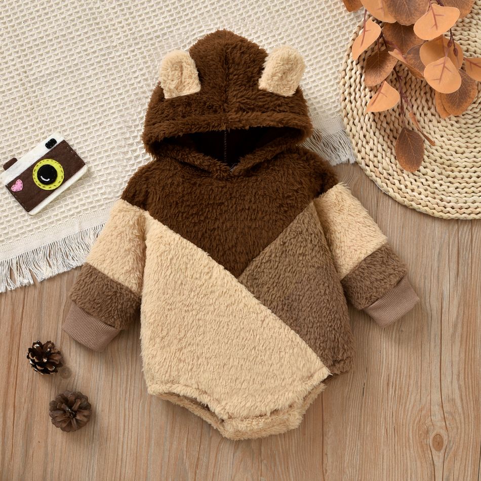 2pcs Baby Boy/Girl Color Block Thickened Flannel Long-sleeve Romper Set Khaki