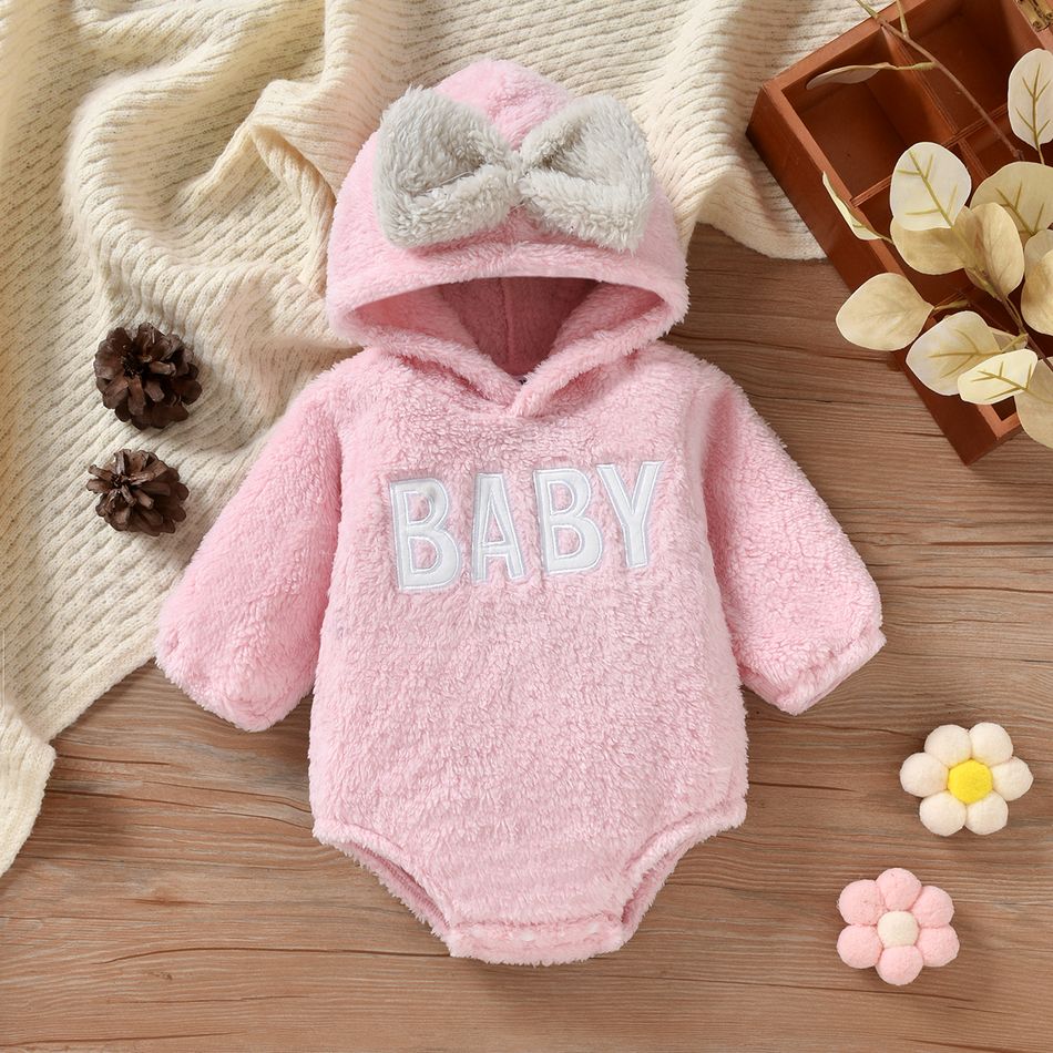 Baby Boy/Girl Letter Embroidered Solid Thickened Fuzzy Fleece Long-sleeve Hooded Romper Pink big image 2