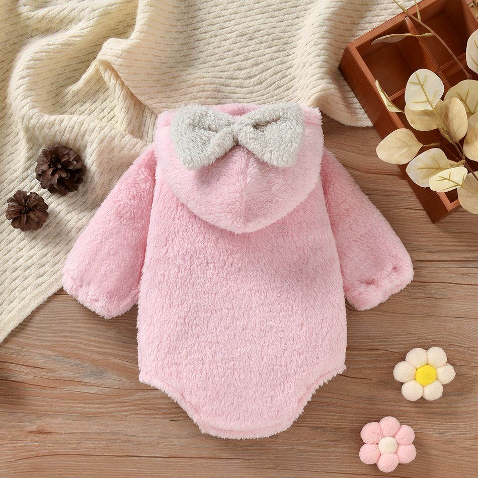 Baby Boy/Girl Letter Embroidered Solid Thickened Fuzzy Fleece Long-sleeve Hooded Romper Pink big image 7