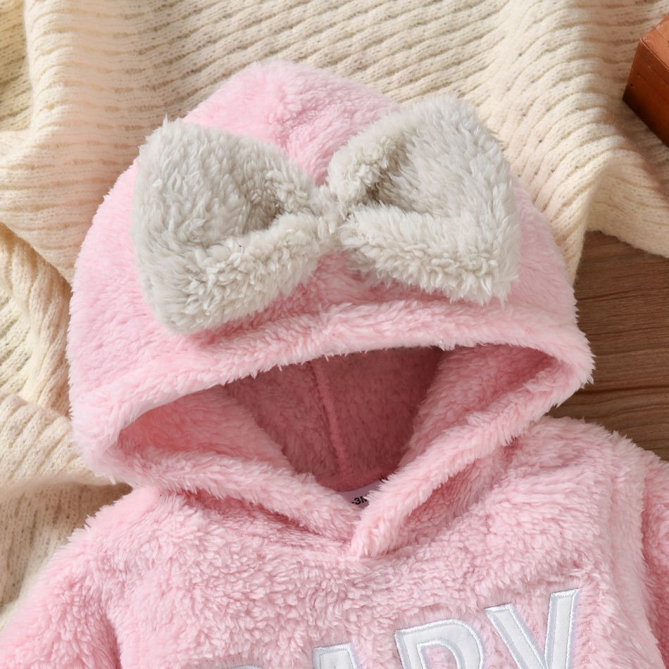 Baby Boy/Girl Letter Embroidered Solid Thickened Fuzzy Fleece Long-sleeve Hooded Romper Pink big image 3