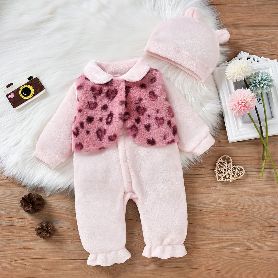 2pcs Baby Girl Pink Doll Collar Long-sleeve Splicing Leopard Flannel Faux-two Jumpsuit Set Pink