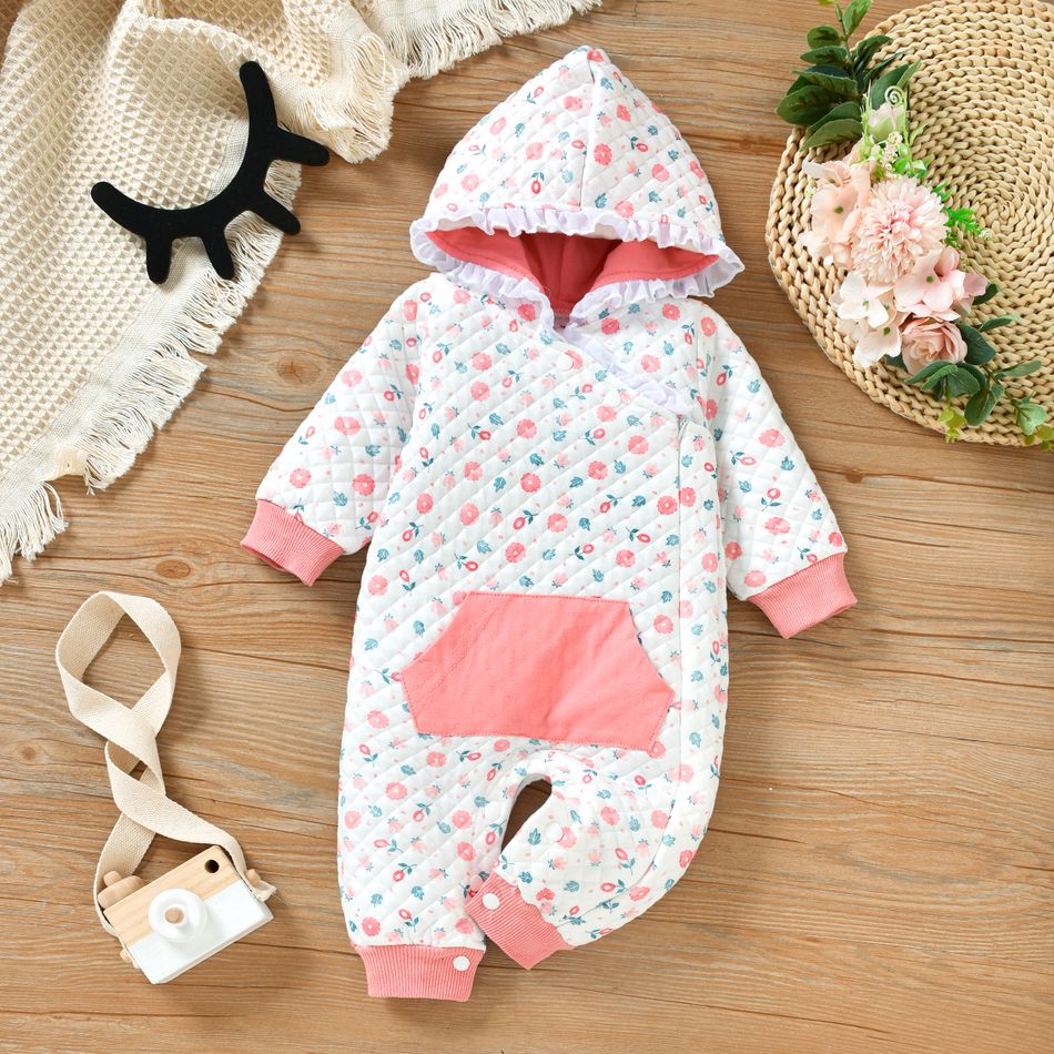 Baby Girl All Over Pink Floral Print Quilted Long-sleeve Hooded Zip Jumpsuit Pink