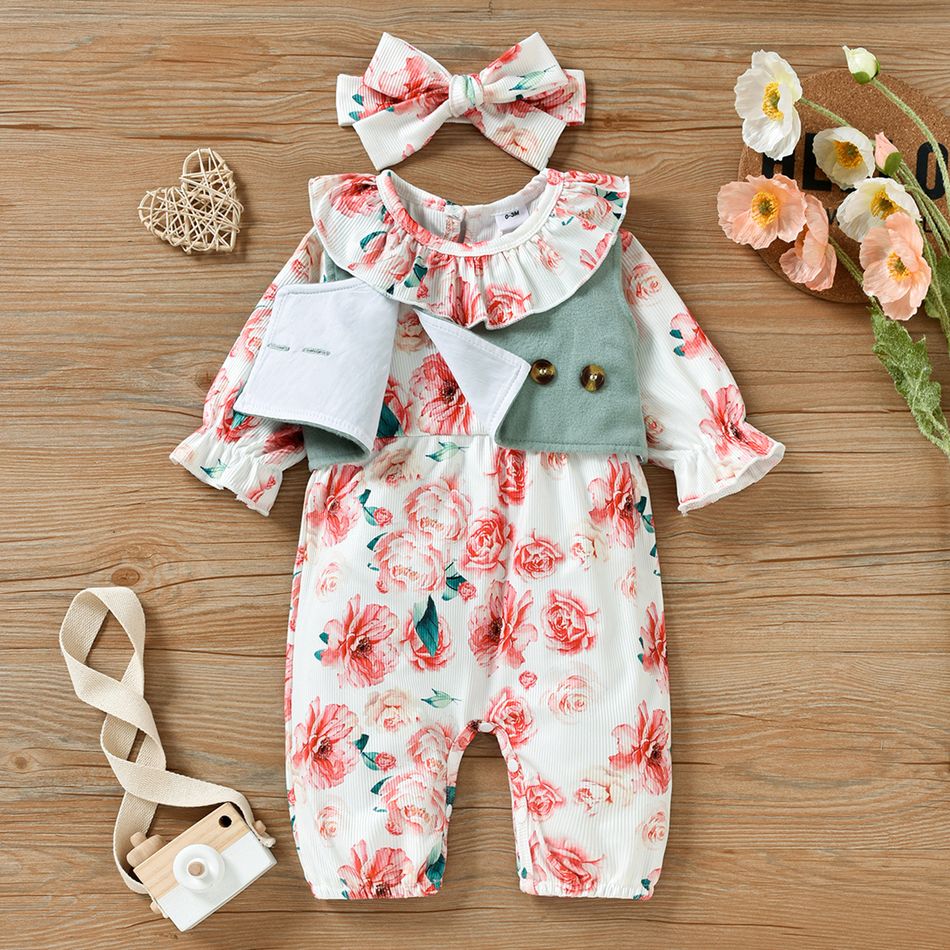 3pcs Baby Girl Floral Print Ribbed Ruffle Collar Long-sleeve Jumpsuit and Wool Blend Vest Set Mint Green